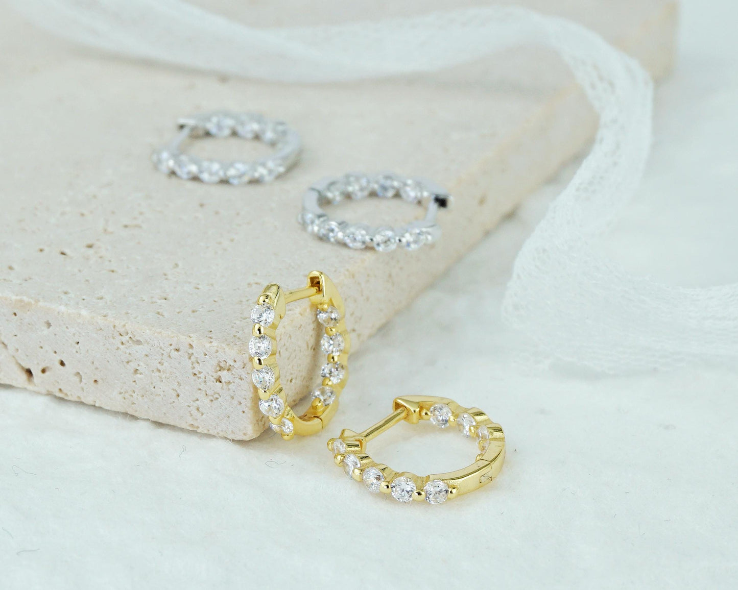 Pair of Sterling Silver Inside Out CZ Gemstone Huggie Hoop Earrings in Rhodium or 18ct Gold Plated