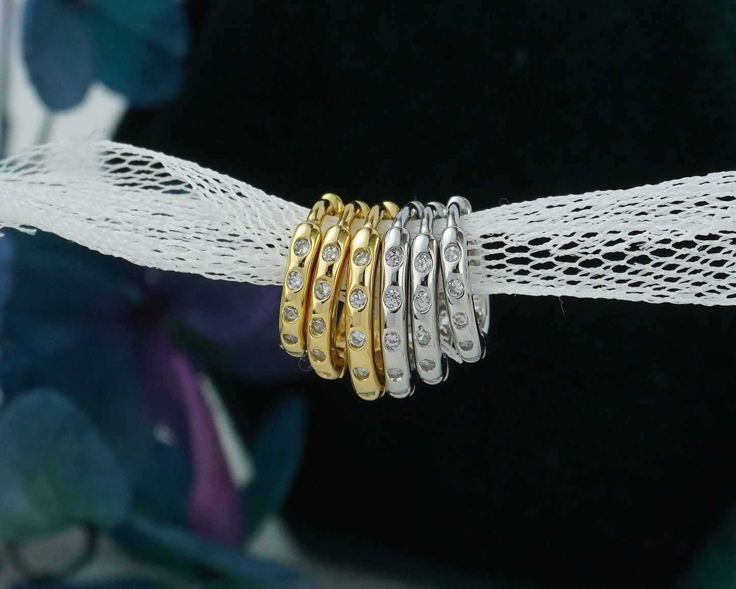 Pair of Sterling Silver Skinny Huggie Hoop Earrings with Smooth Round Edge, 3 Size, Gold or Rhodium Plated, Front & Back CZ