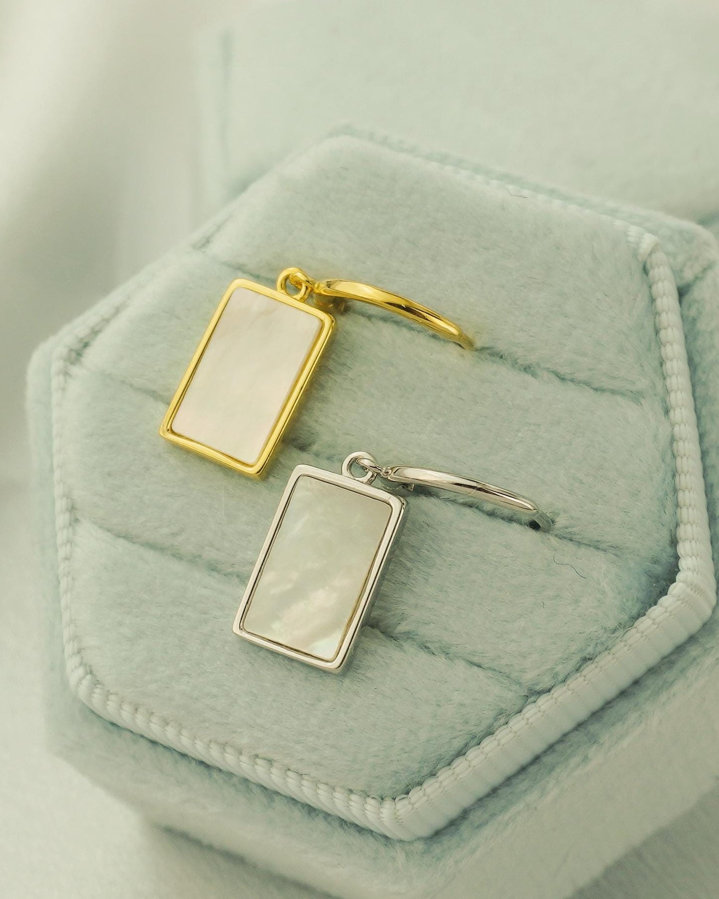 Pair of Dangly Rectangle Shell Charm Sterling Silver Hoop Earrings in Rhodium or 18ct Gold Plated