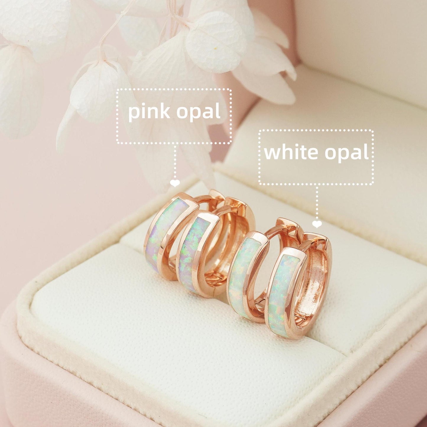 Pair of Elegant Opal Inlay Huggie Hoop Earrings in Rose Gold Plated Over Brass, Pink or White Stone