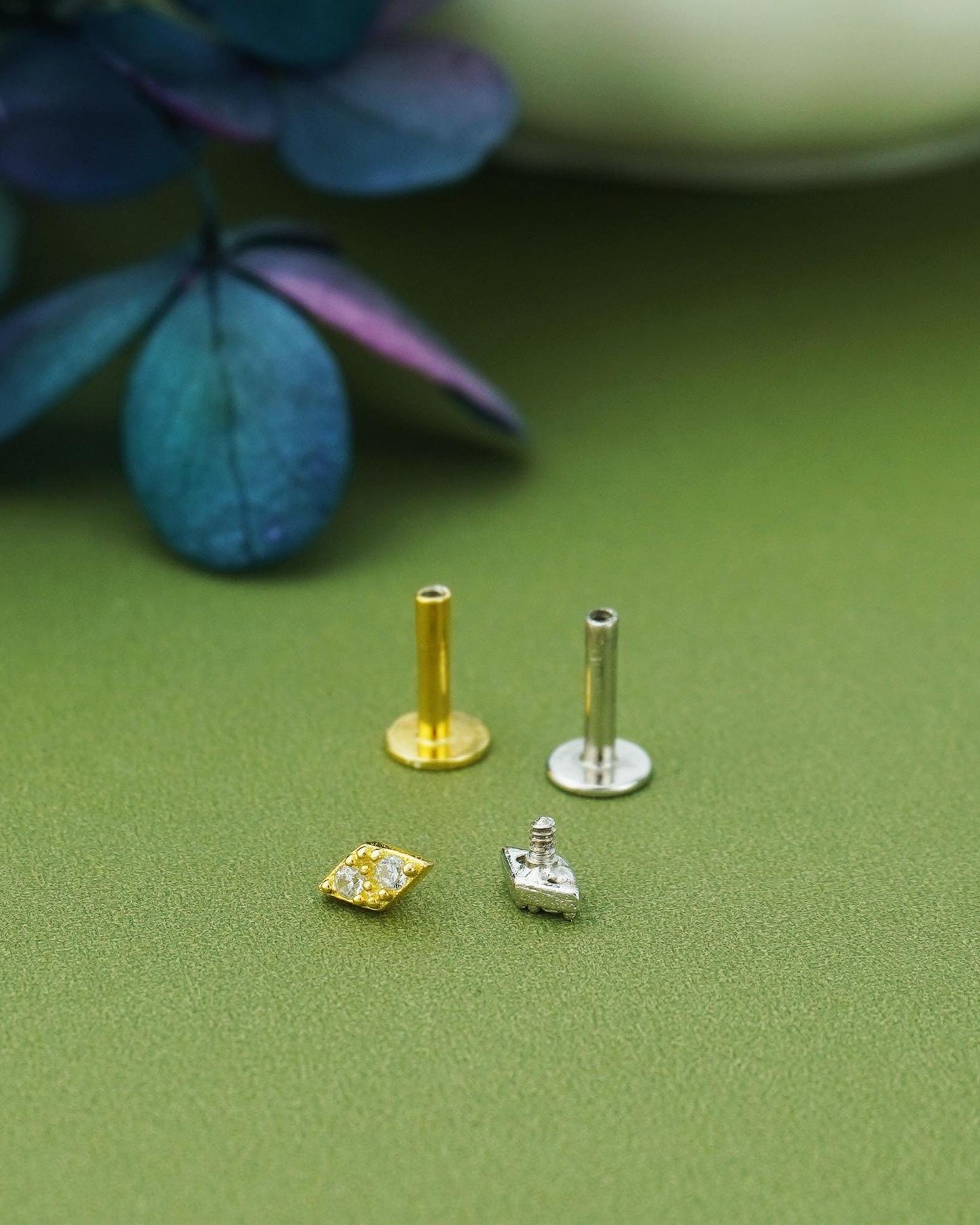 1 pc of VERY TINY Lozenge Rhombus Stud Earring with Double CZ Crystal in Sterling Silver or 18ct Gold Plated, Flat Screw Back