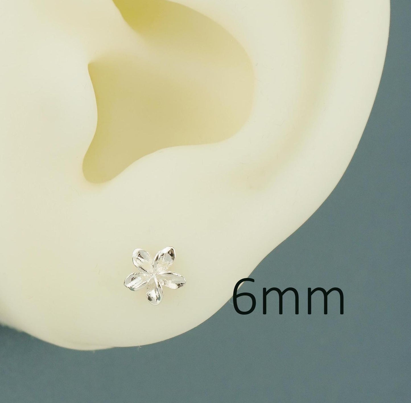 Pair of Tiny Plumeria Flower Stud Earrings in Sterling Silver, 3 Sizes Available