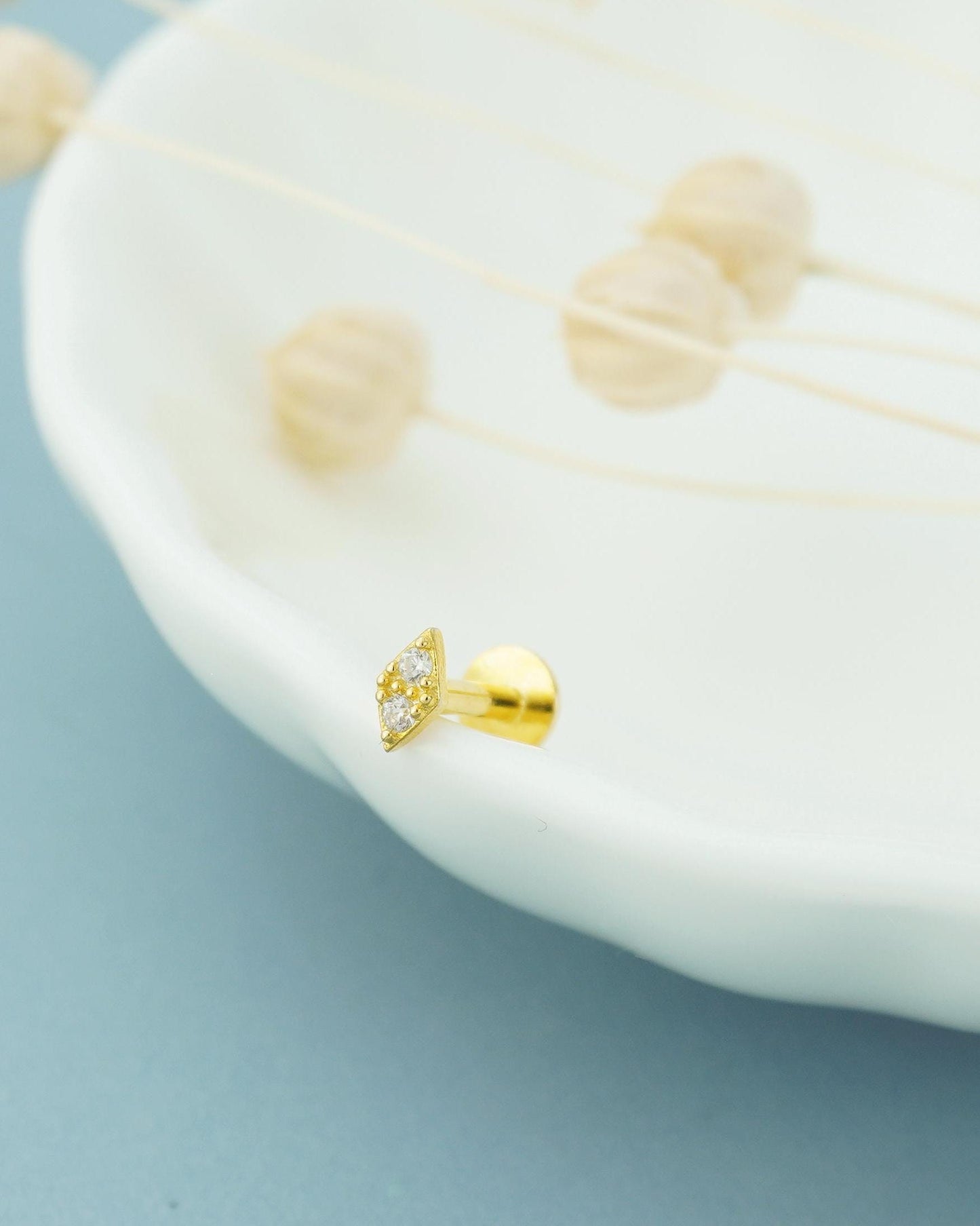 1 pc of VERY TINY Lozenge Rhombus Stud Earring with Double CZ Crystal in Sterling Silver or 18ct Gold Plated, Flat Screw Back