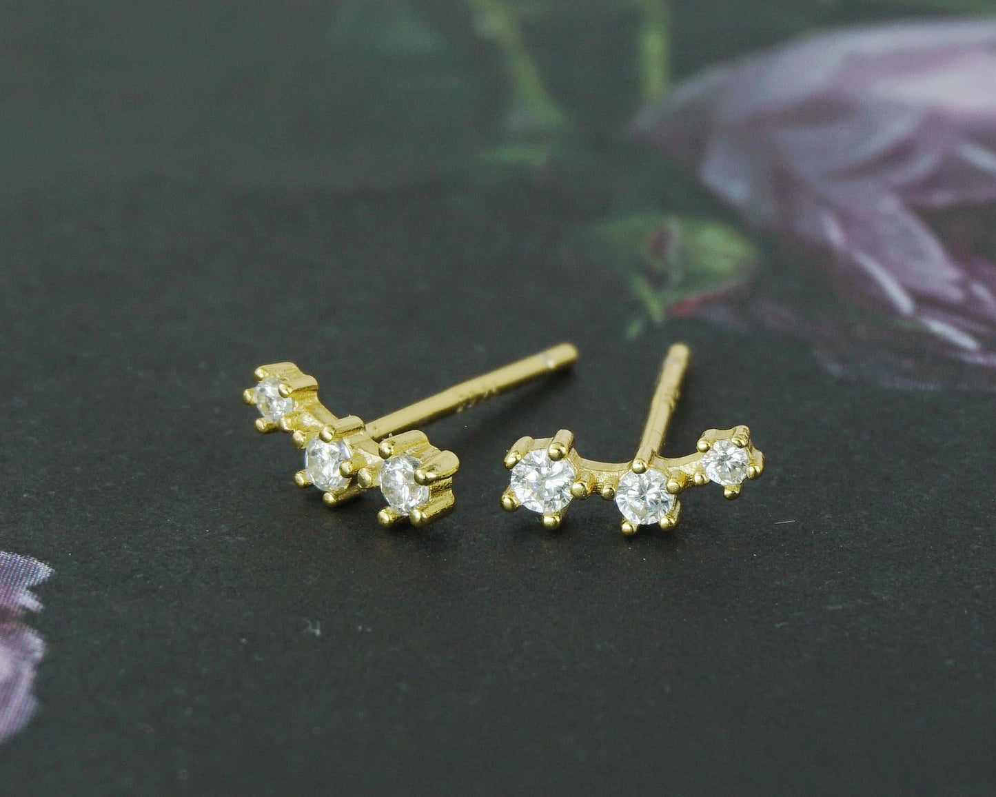 Pair of Tiny Trio CZ Sterling Silver Stud Earrings in Rhodium, 18ct Gold or Rose Gold Plated