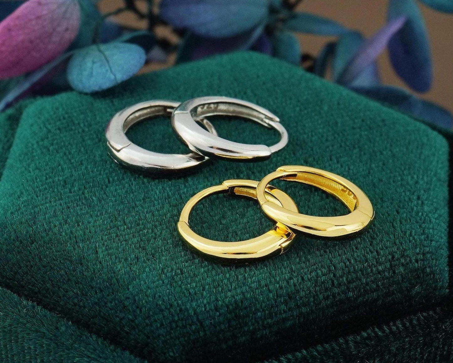 Pair of Skinny Round Edged Huggie Hoop Earrings in Sterling Silver or 18ct Gold Plated