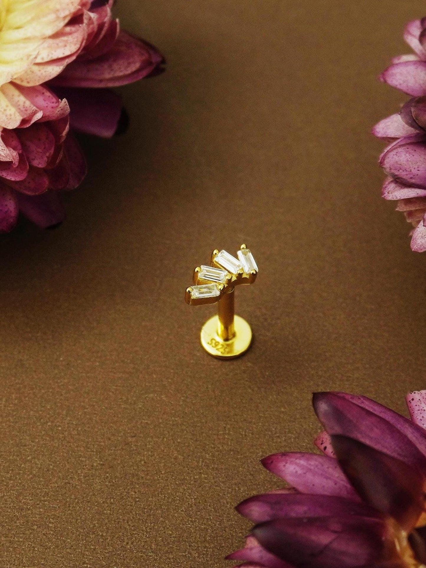 1 pc of CZ / Fire Opal Stud Earring in Gold Plated over Sterling Silver, Tiny Baguette / Marquise / Moon Design, 6mm or 8mm Post