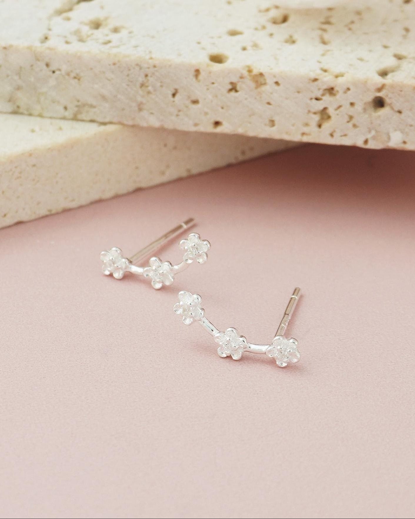 Pair of Tiny Trio Flower Climber Stud Earrings in Sterling Silver with Mini CZ Crystals