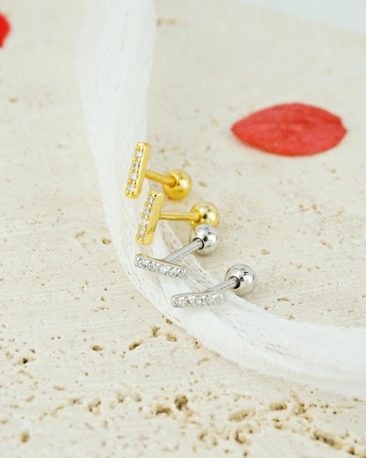 Pair of VERY TINY Paved Bar Sterling Silver Stud Earrings in Silver or Plated Gold, Sparkly CZ Stones, Simple Screw Ball Back