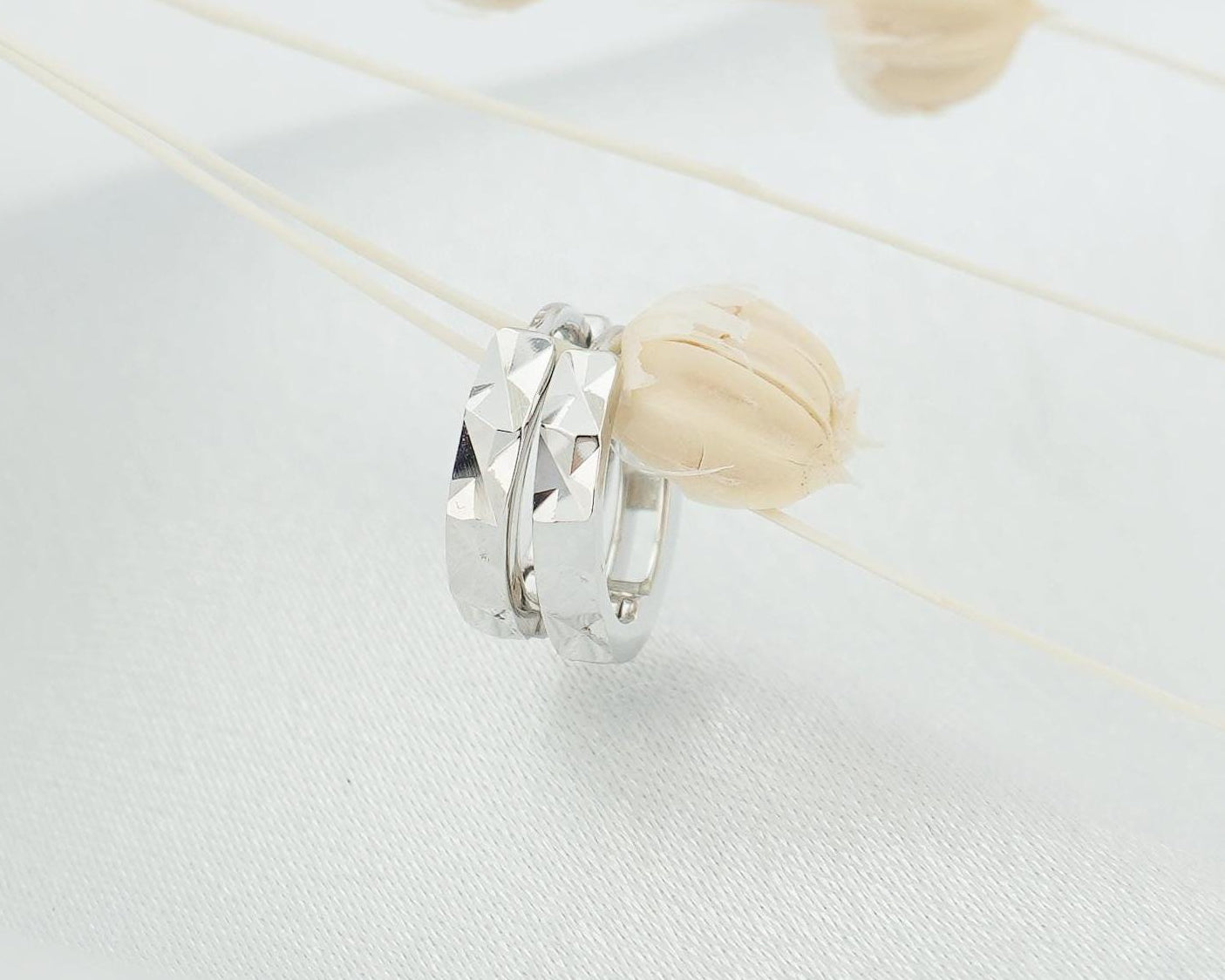 Pair of Minimalist Diamond Cut Huggie Hoop Earrings in Sterling Silver or 18ct Gold Plated, Simple Faceted Jewelry
