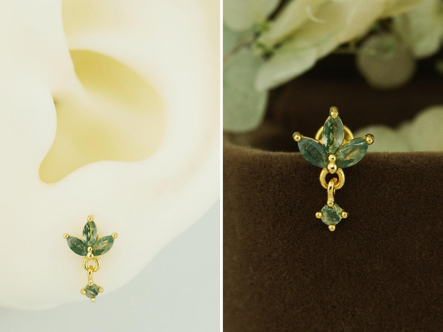 1 pc of Natural Green Moss Agate Flat Back Stud Earring in Sterling Silver/ Plated Gold