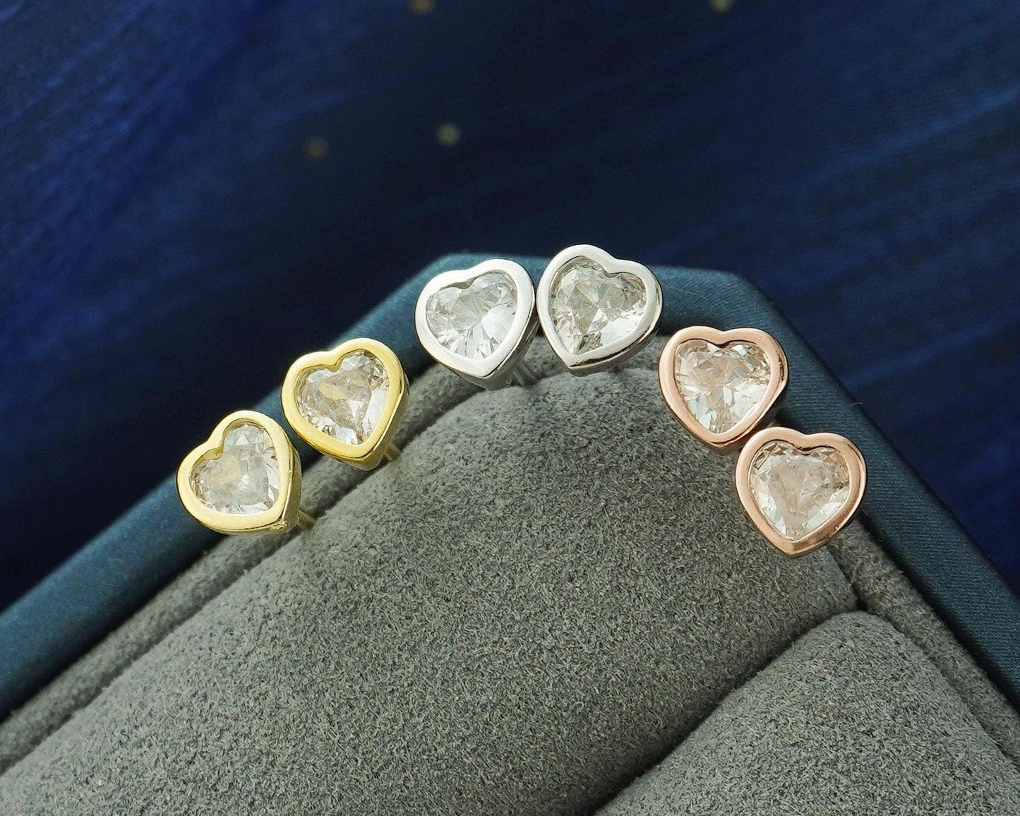 Pair of Tiny CZ Heart Sterling Silver Stud Earrings in Rhodium, 14ct Gold or Rose Gold Plated, 2 Sizes Simple Stacking Earlobe Jewelry