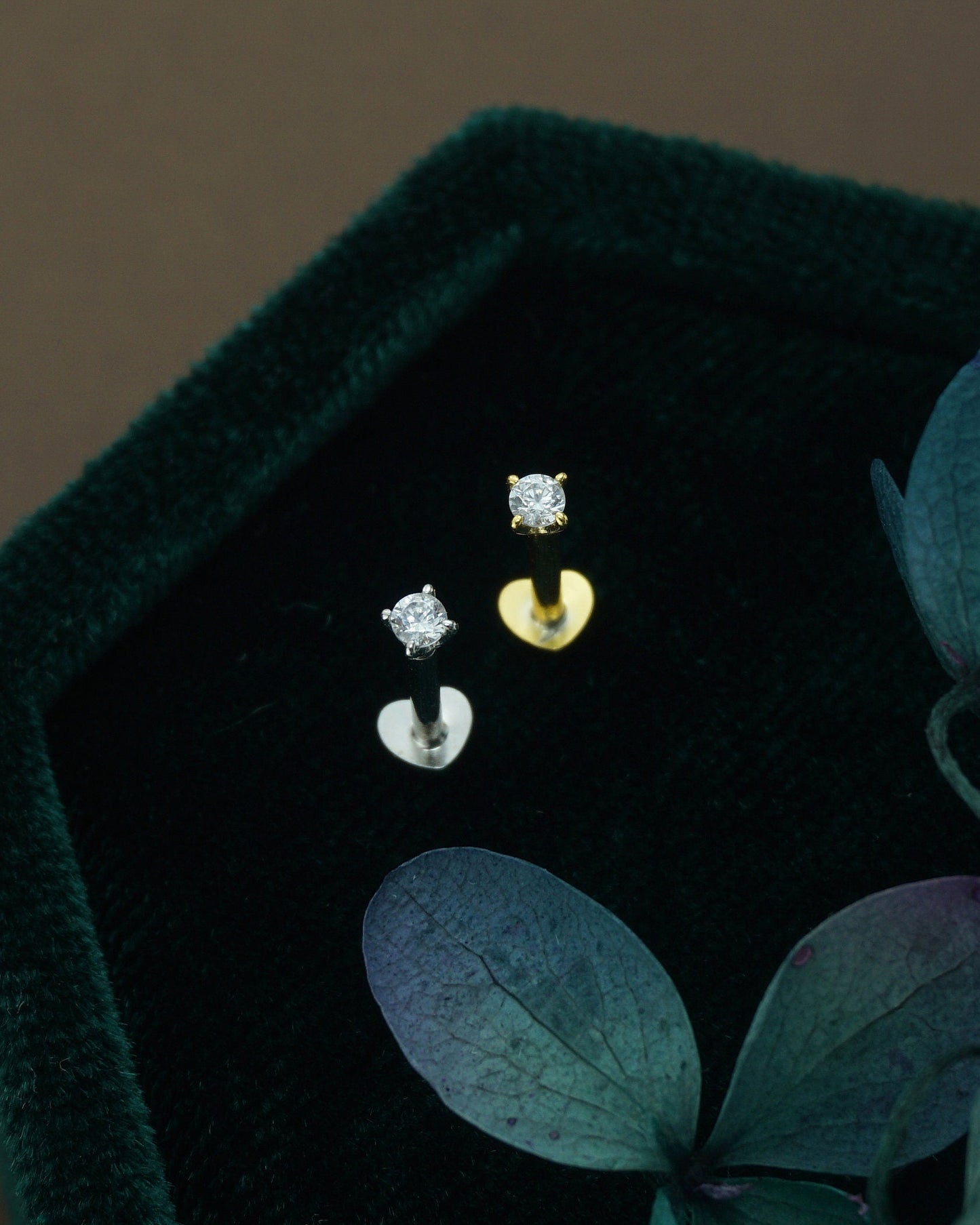 1 pc of Tiny 2mm CZ Crystal Dot Stud Earring with Heart Shape Flat Back in Sterling Silver or Plated Gold