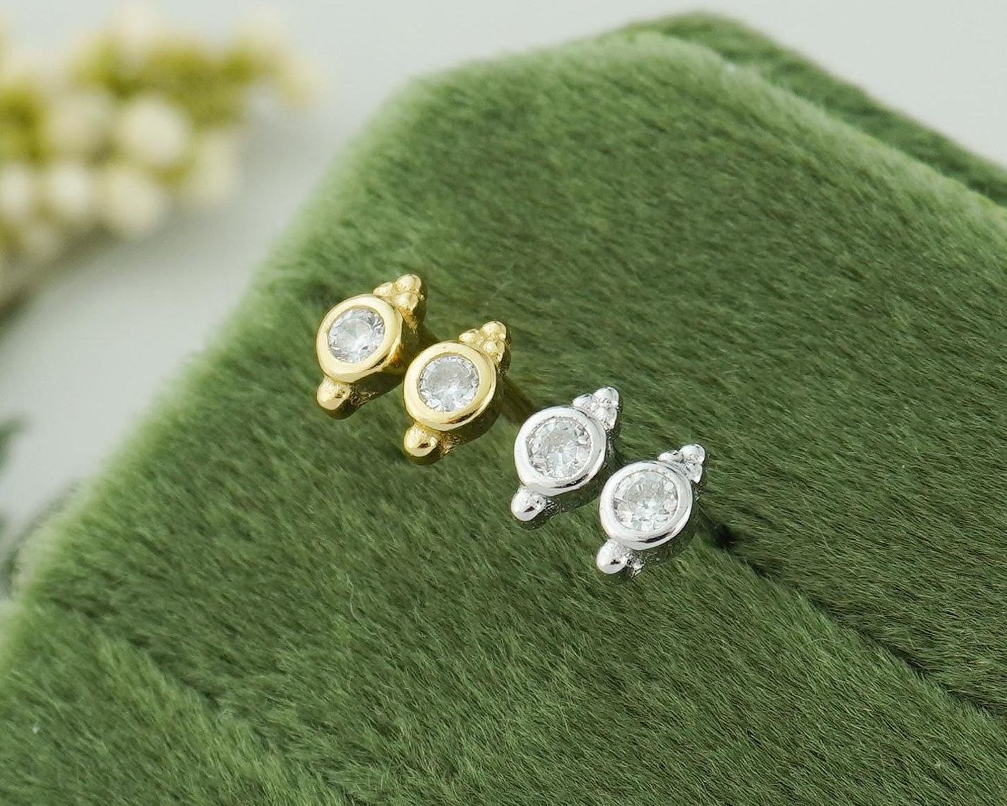 Pair of VERY TINY Sterling Silver CZ Bezel Stud Earrings in Rhodium or 18ct Gold Plated