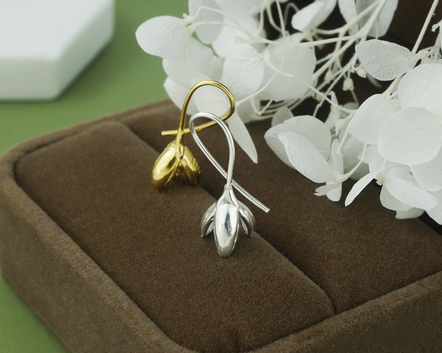 Pair of Snowdrop Flower Hook Earrings in Sterling Silver or Plated Gold