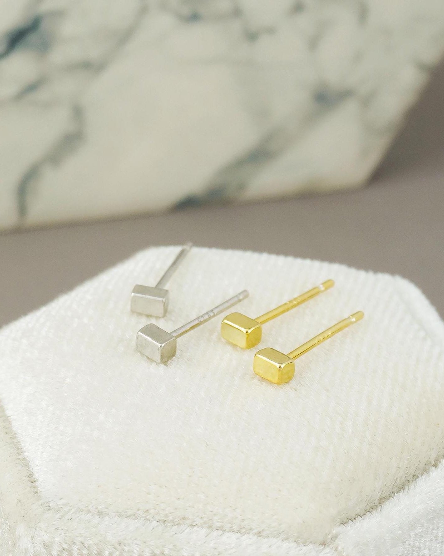 Pair of Tiny 2x3mm Short Bar Cuboid Stud Earrings in Sterling Silver or 14ct Gold Plated, Geometric Rectangular Prism Ear Piercing