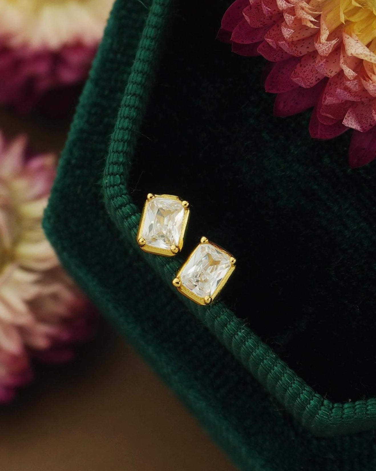 Pair of Emerald-Cut CZ Stud Earrings in Sterling Silver or Gold Plated, Sparkly Rectangle Crystal Stone