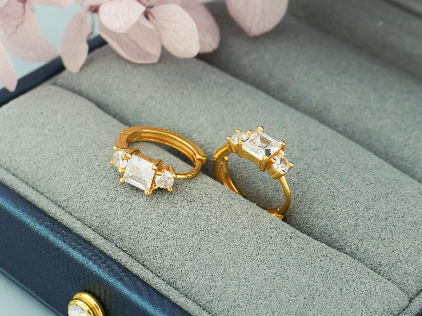 Pair of Square CZ Huggie Hoop Earrings in Sterling Silver or 18k Gold Plated, Elegant Sparkly Princess Cut Design