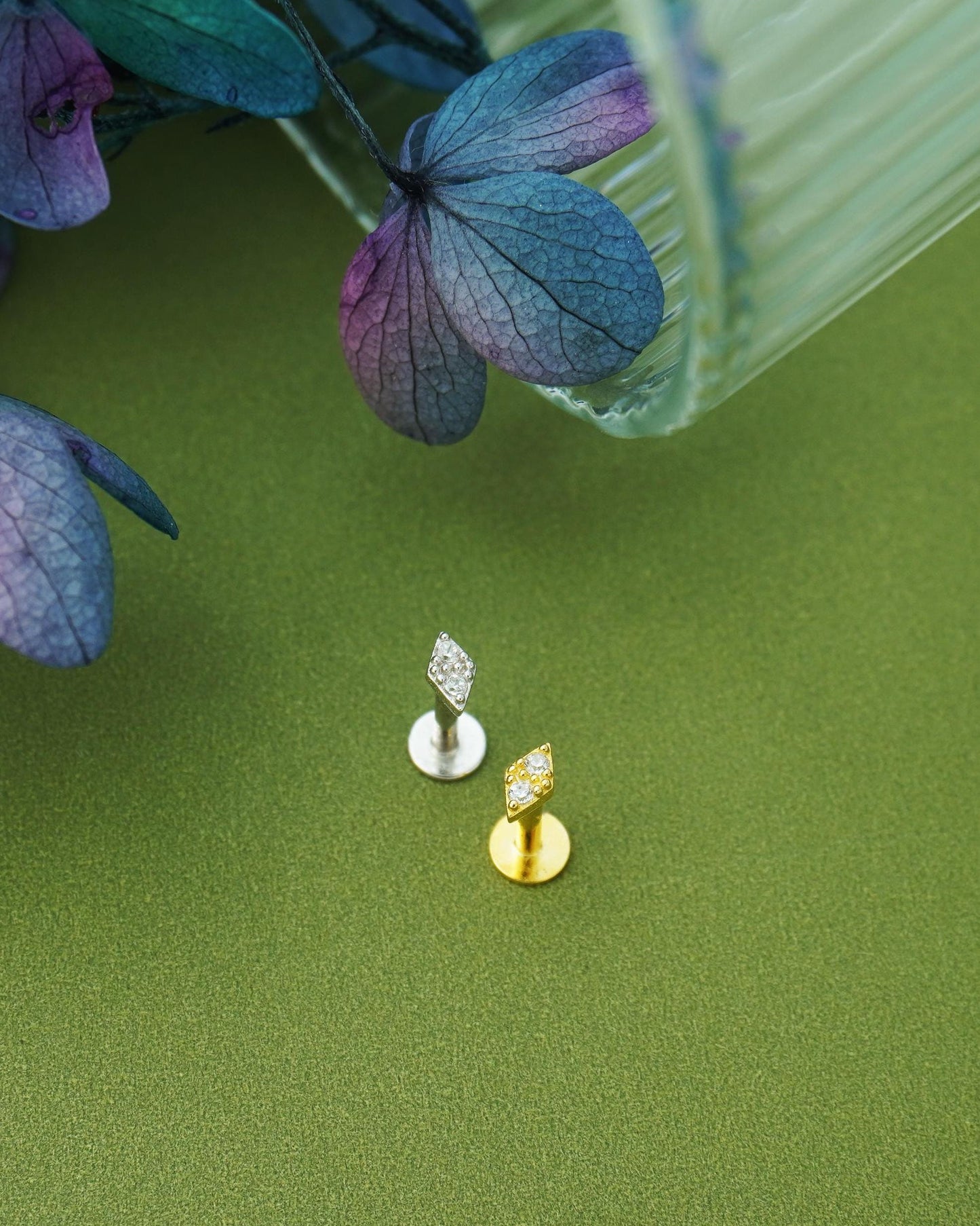 1 pc of VERY TINY Lozenge Rhombus Stud Earring with Double CZ Crystal in Sterling Silver or 18ct Gold Plated, Flat Screw Back