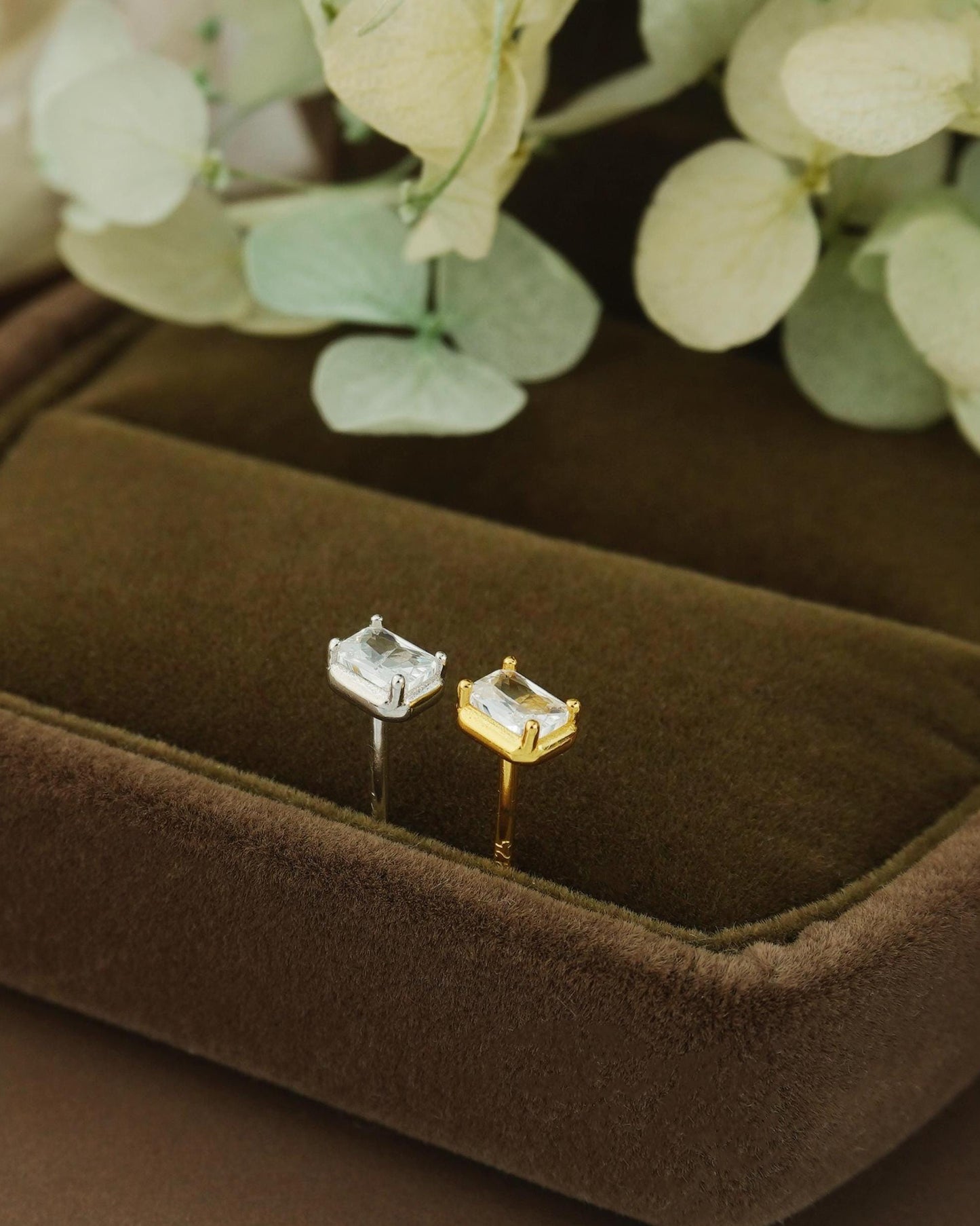 Pair of Emerald-Cut CZ Stud Earrings in Sterling Silver or Gold Plated, Sparkly Rectangle Crystal Stone