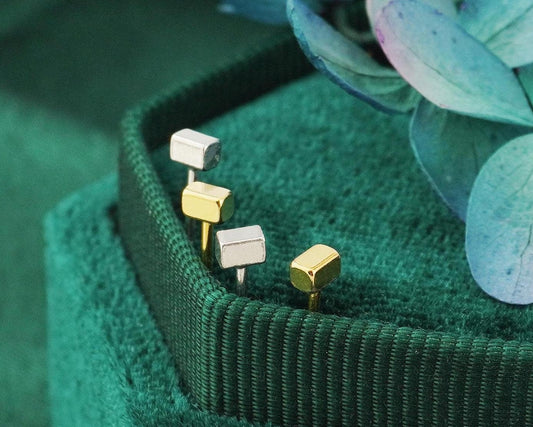 Pair of Tiny 2x3mm Short Bar Cuboid Stud Earrings in Sterling Silver or 14ct Gold Plated, Geometric Rectangular Prism Ear Piercing