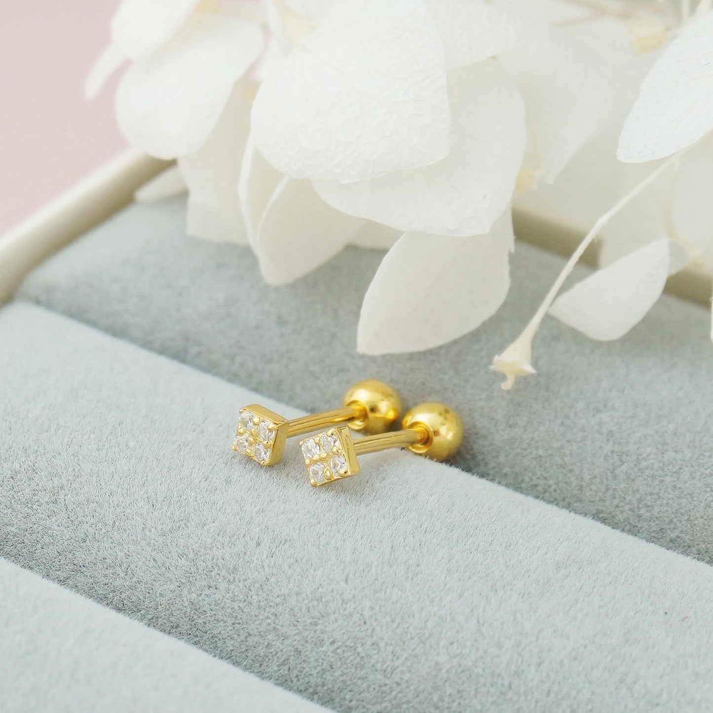 Pair of Sterling Silver Stud Earrings in Rhodium or Gold Plated, VERY TINY Square with Sparkly CZ Crystal Stones