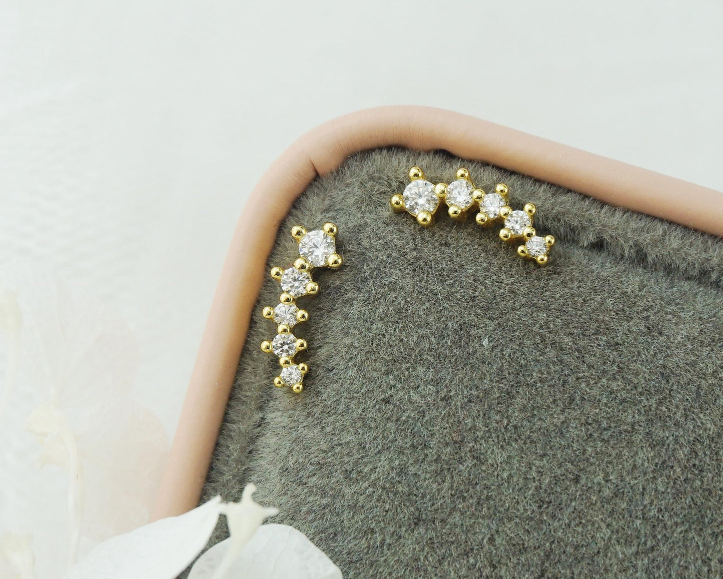 Pair of Sterling Silver 5 CZ Stud Earrings in Rhodium, Rose Gold or 18ct Gold Plated, Sparkly Star Climber