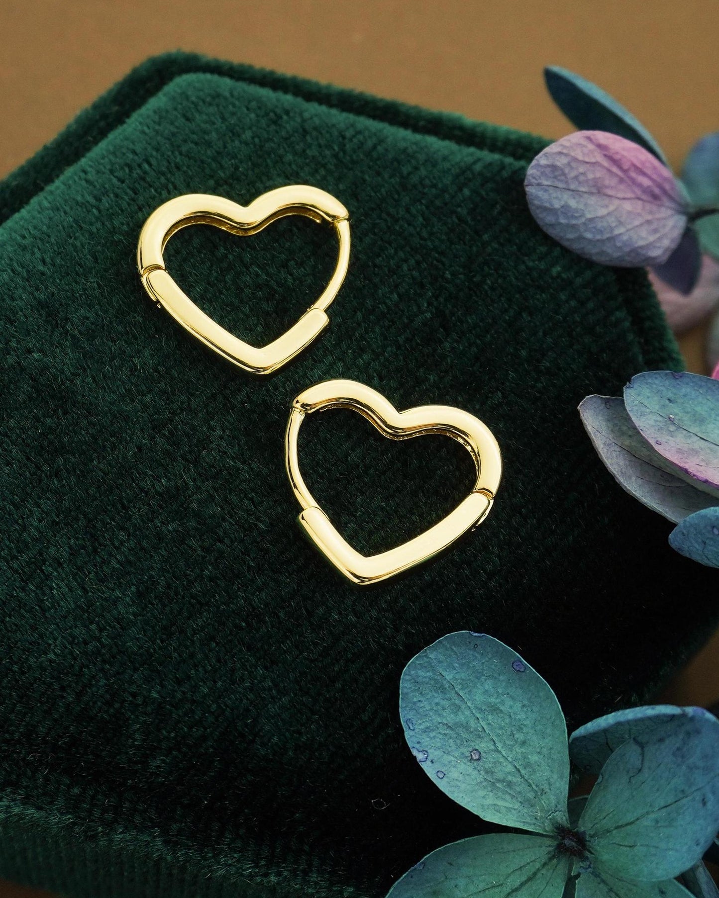 Pair of Minimal Love Heart Huggie Hoop Earrings in Brass Plated with Rhodium, Gold, Rose Gold