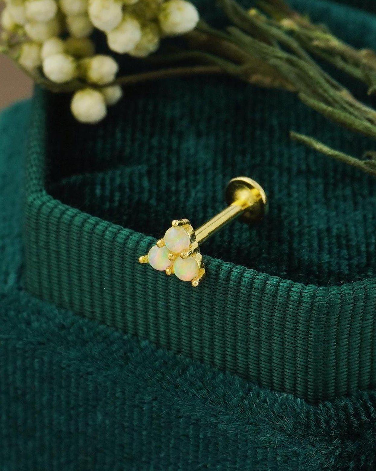 Trinity Fire Opal Stud Earring in Sterling Silver or Plated Gold, VERY TINY Opulent Trio Gem Stacking Piercing Jewelry