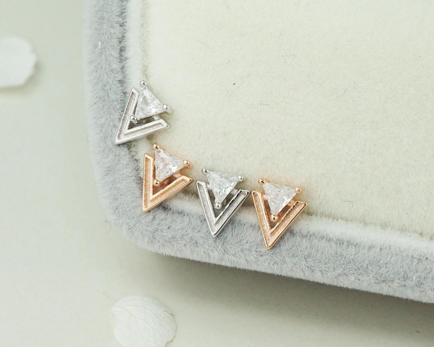 Pair of Double Triangle Arrowhead Stud Earring in Sterling Silver or Plated Rose Gold