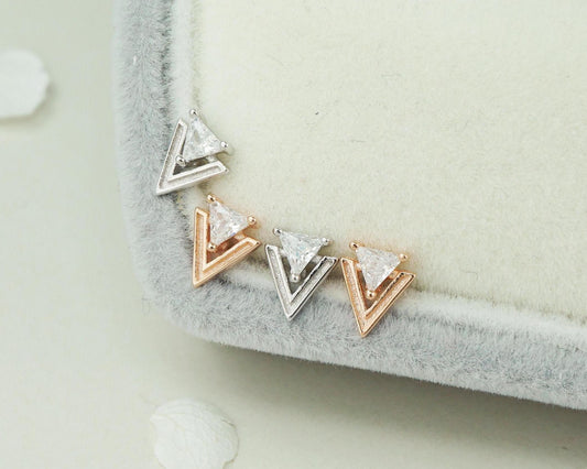 Pair of Double Triangle Arrowhead Stud Earring in Sterling Silver or Plated Rose Gold