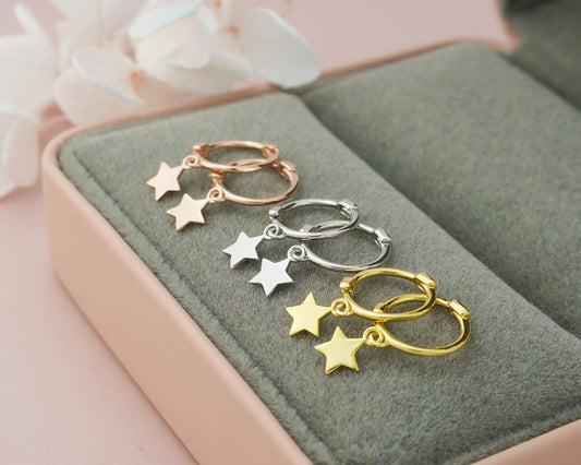 Pair of Tiny Sterling Silver Dangly Star Huggie Hoop Earrings in Rhodium, Gold or Rose Gold Plated, Dainty Stacking Jewelry