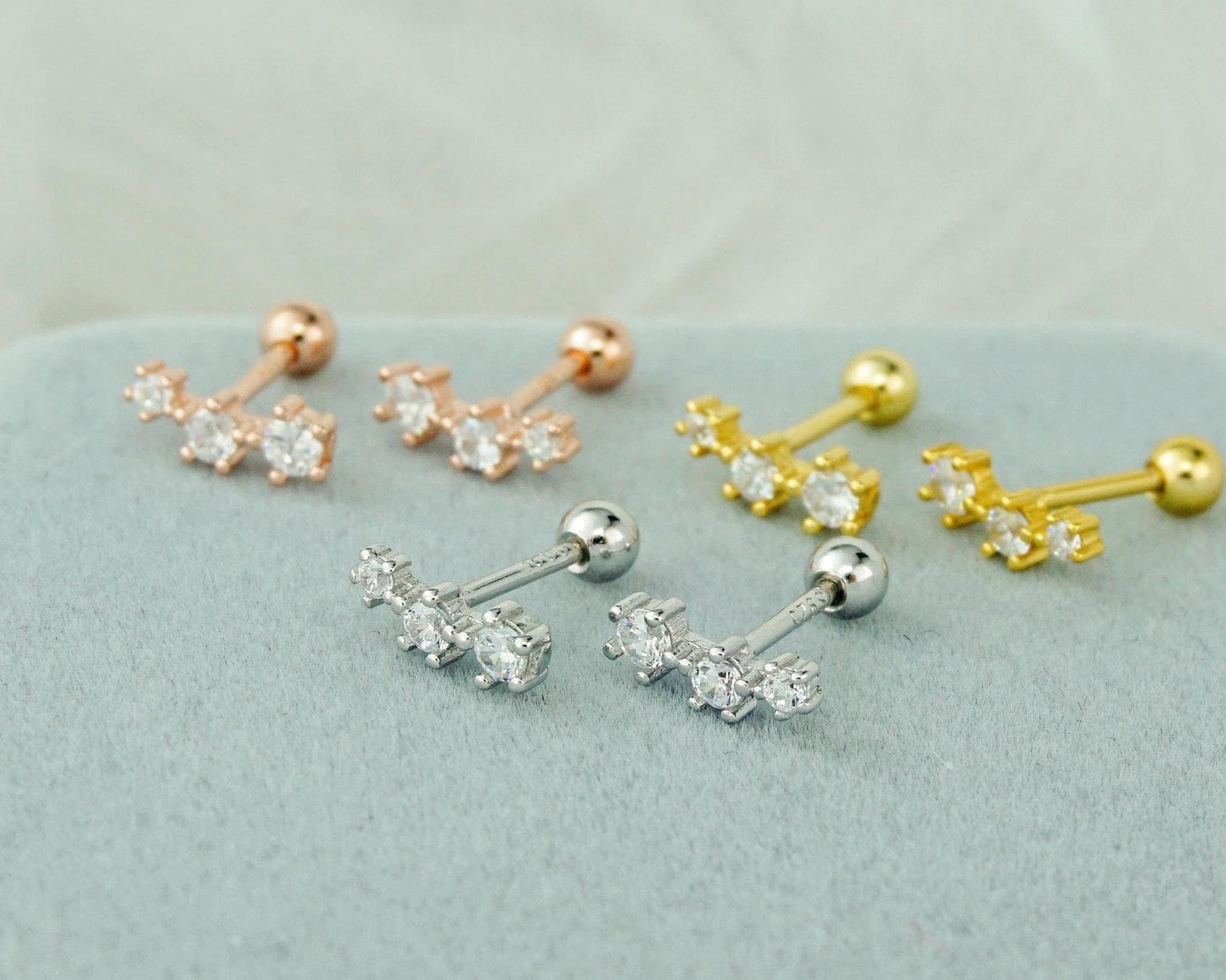 Pair of Tiny Sterling Silver Trio CZ Stud Earrings in Rhodium, Gold or Rose Gold Plated, Dainty Star Crawler with Screw Ball Back