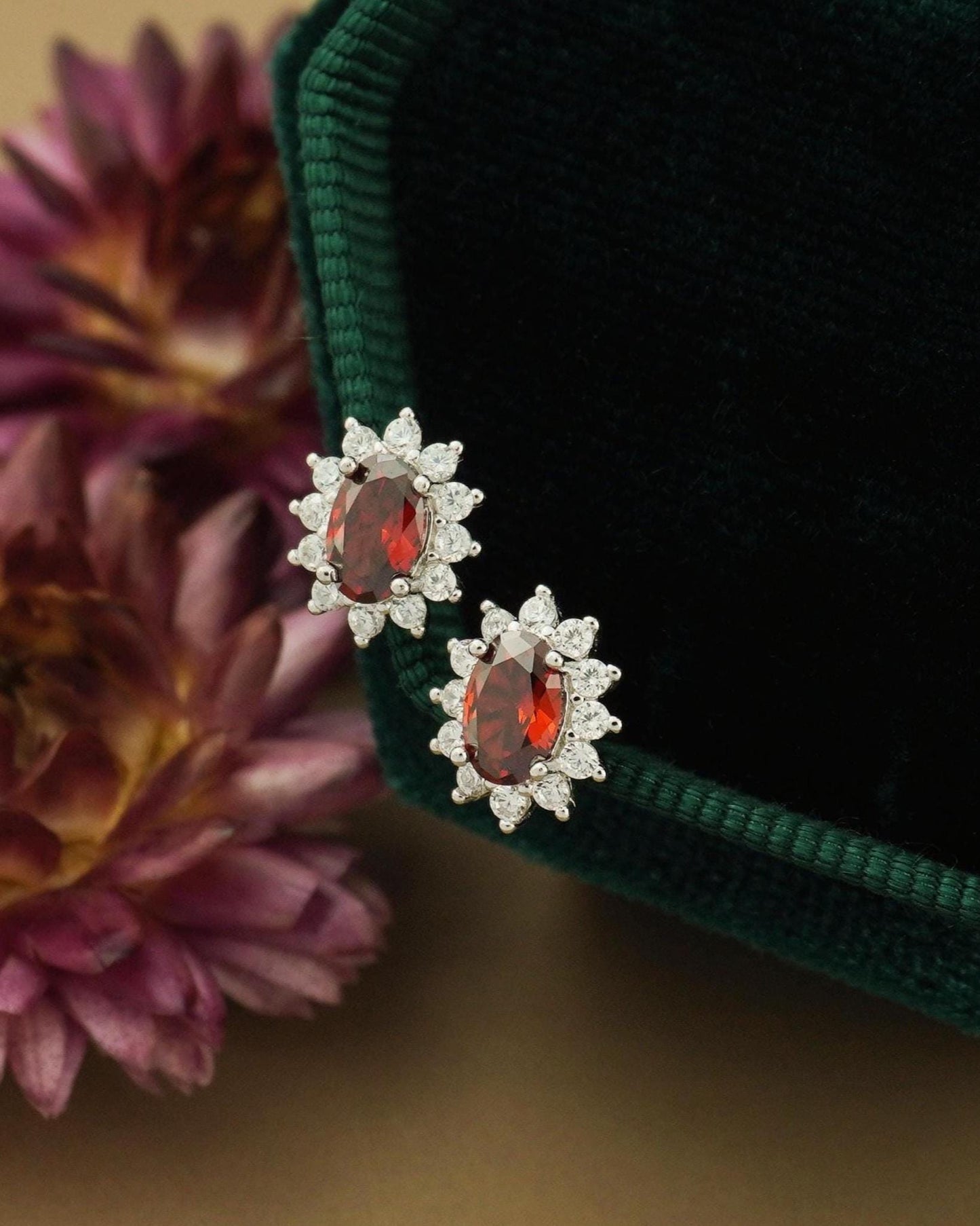 Pair of Halo Oval Red CZ Stud Earrings in 18ct Gold Plated or Sterling Silver