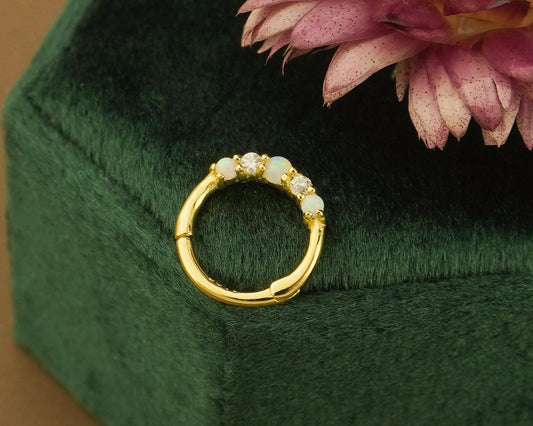 1 pc of 18G Hinged Opal & CZ Stone Daith Earring Hoop in 18ct Gold Plated over Sterling Silver, Helix Cartilage Clicker