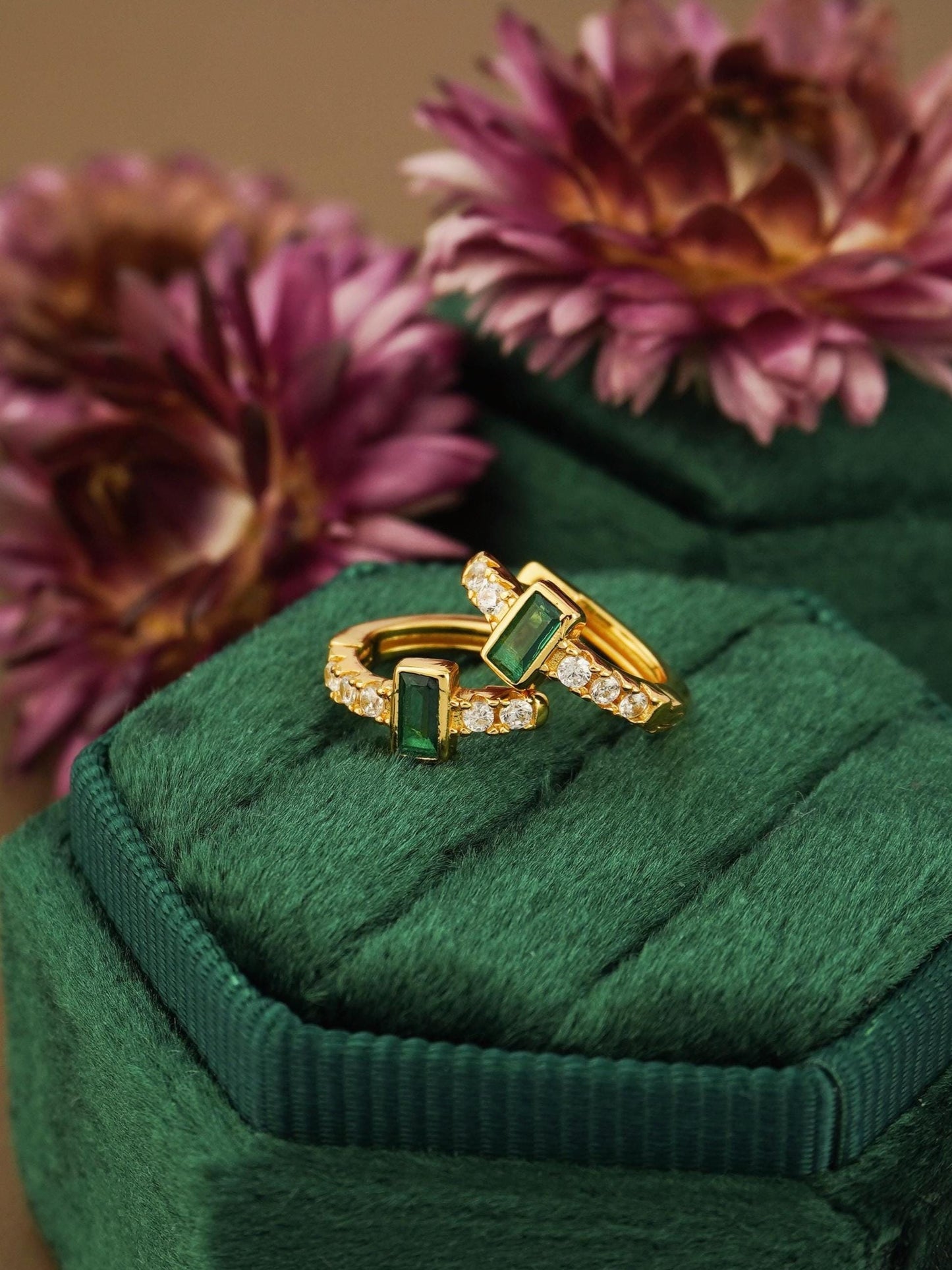 Pair of Emerald Green Baguette CZ Huggie Hoop Earrings in Sterling Silver or Plated Gold, Rectangular Crystal Gem Paved Loop Earlobe Jewelry