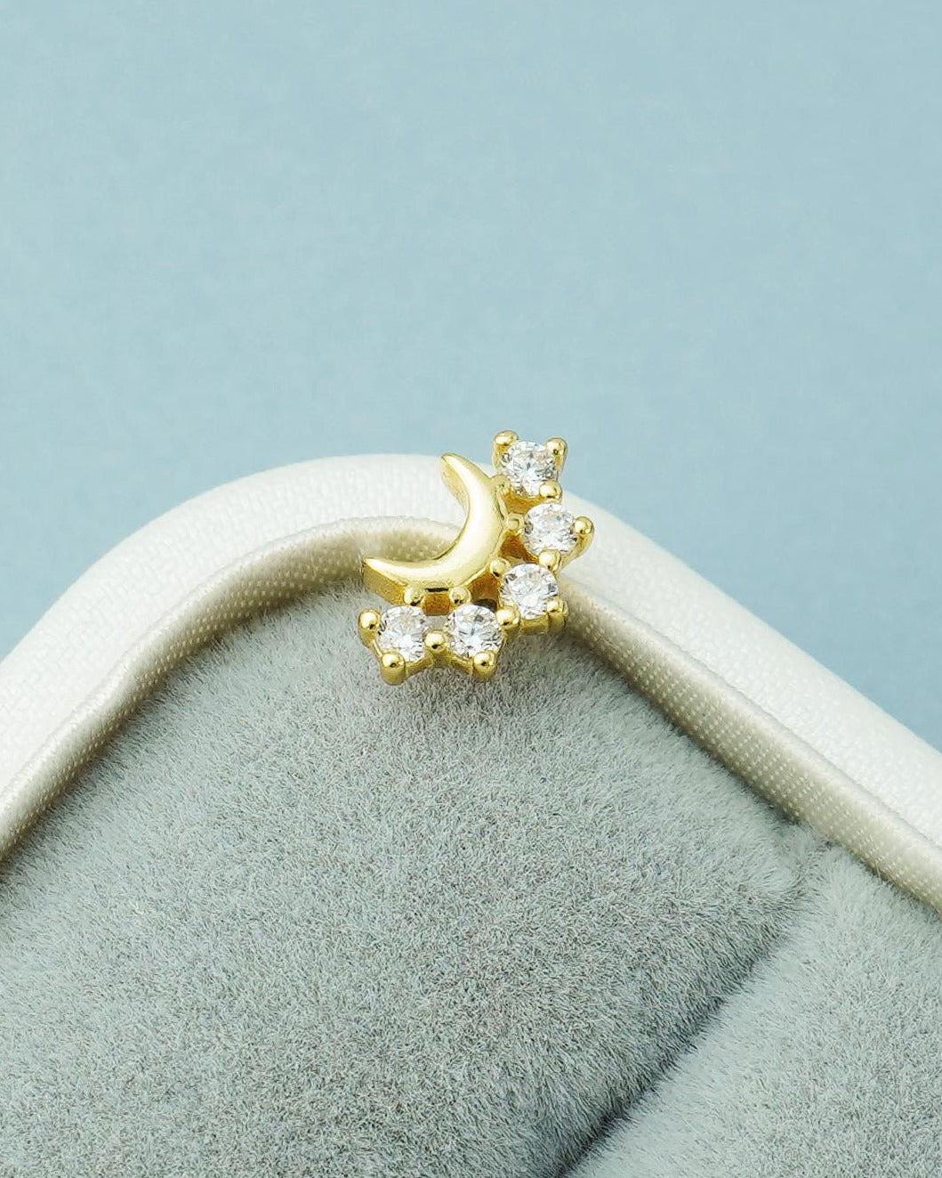 1 pc of CZ Moon Crown Stud Earring with Ball Screw Back, 18ct Gold Plated over Sterling Silver