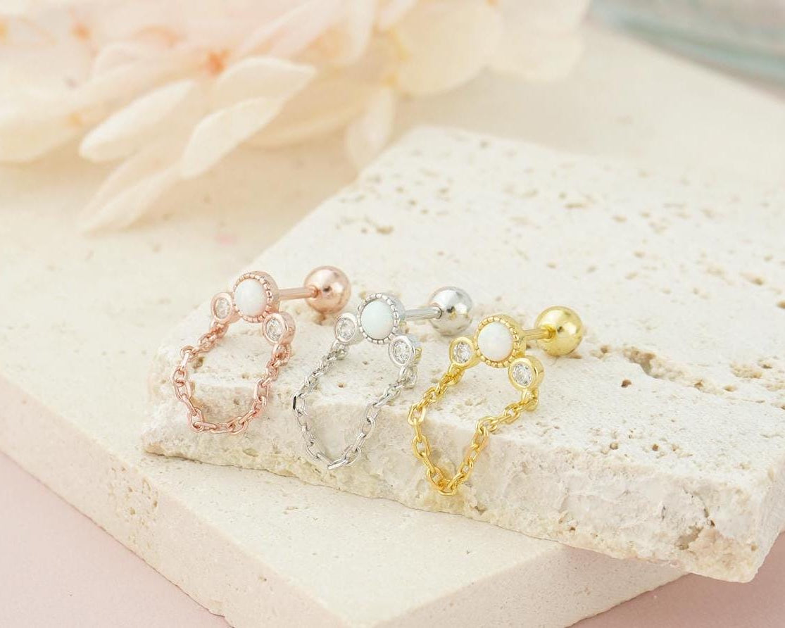 1 pc of Opal & CZ Stud Earring with Chain in Sterling Silver, Rose Gold or 18ct Gold Plated, Opulent Trio Gem