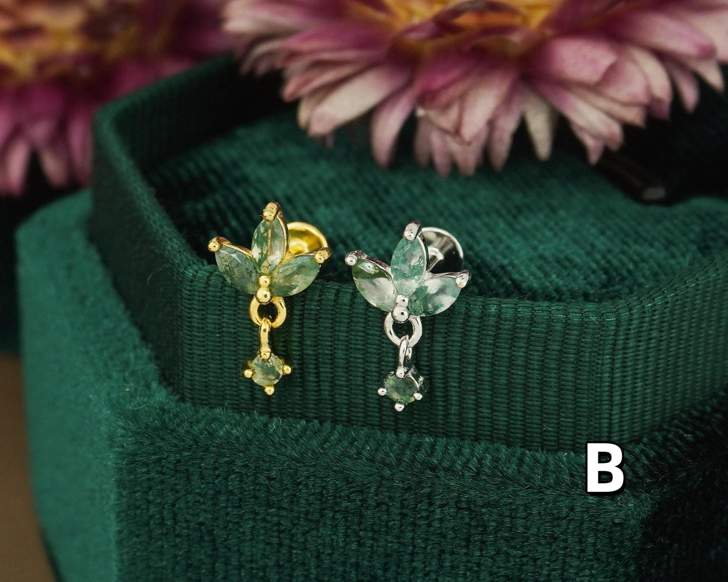 1 pc of Natural Green Moss Agate Flat Back Stud Earring in Sterling Silver/ Plated Gold