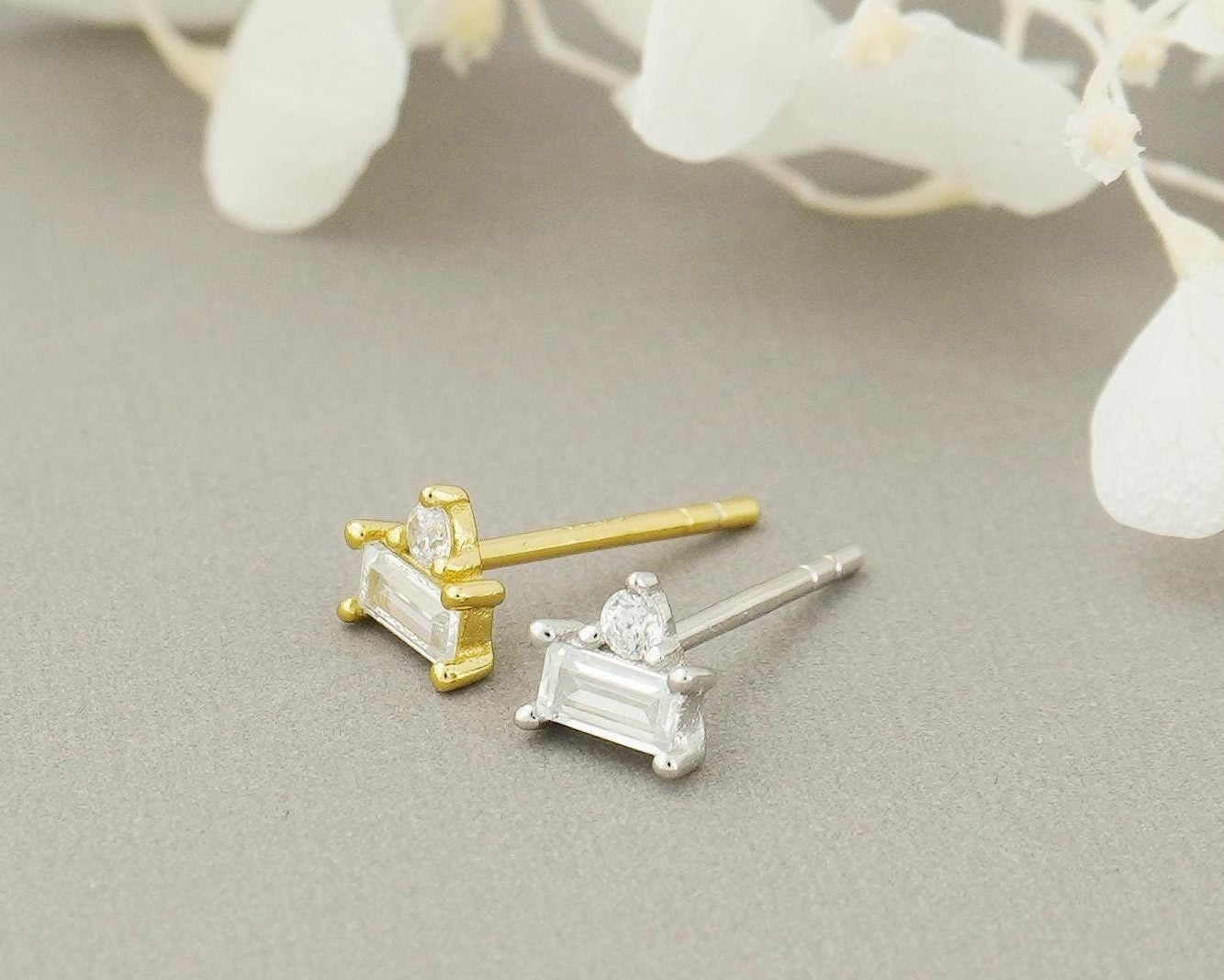 Pair of CZ Sterling Silver Stud Earrings in Rhodium or 18ct Gold Plated, Brilliant Cut & Baguette Duo Stacked Stone