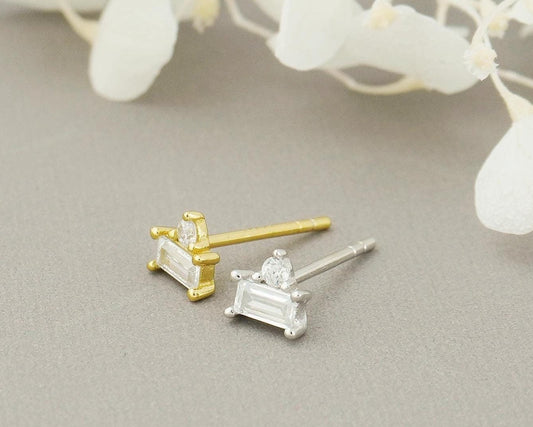 Pair of CZ Sterling Silver Stud Earrings in Rhodium or 18ct Gold Plated, Brilliant Cut & Baguette Duo Stacked Stone