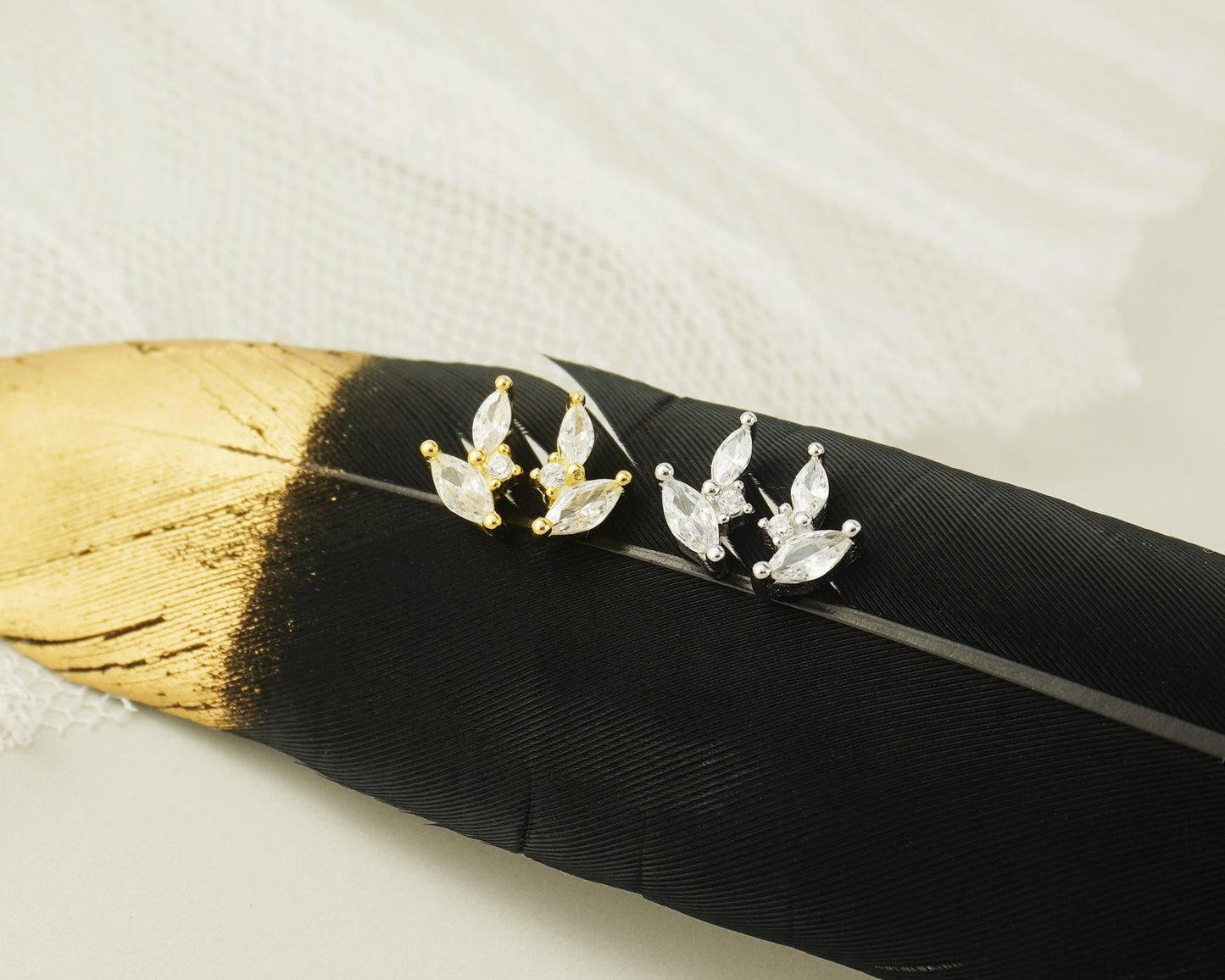 Pair of Marquise CZ Cluster Stud Earrings in Sterling Silver or 18ct Plated Gold, BUTTERFLY BACKS or SCREW BACKS