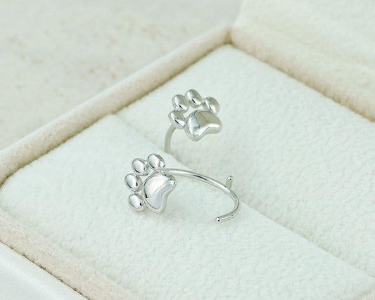 Pair of Tiny Animal Paw Print Threader Earrings in Sterling Silver, Whimsical Jewelry for Dog Cat Lover, Comfy C Shape Open Loop