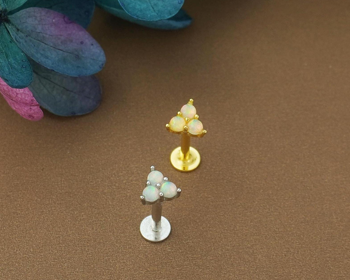 Trinity Fire Opal Stud Earring in Sterling Silver or Plated Gold, VERY TINY Opulent Trio Gem Stacking Piercing Jewelry