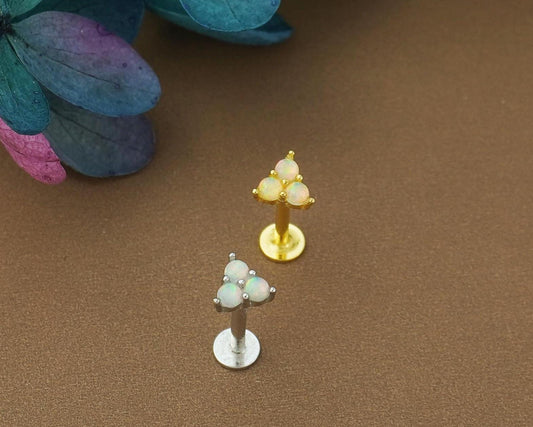 Trinity Fire Opal Stud Earring in Sterling Silver or Plated Gold, VERY TINY Opulent Trio Gem Stacking Piercing Jewelry