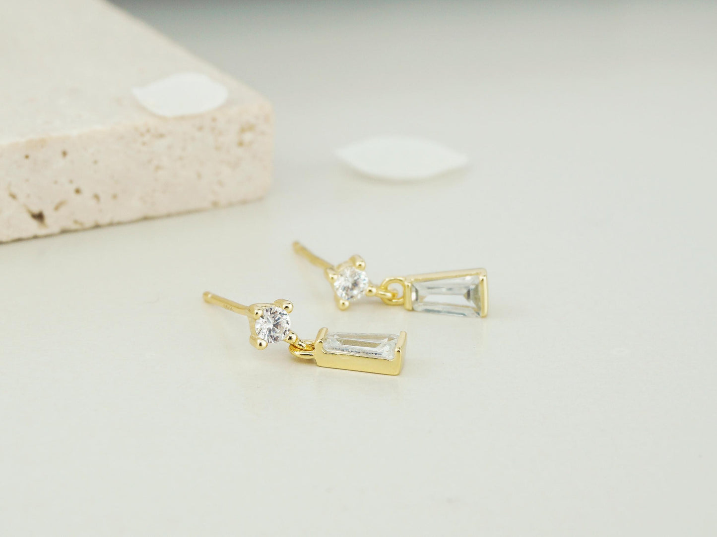 Pair of Dangle Trapezoid CZ Crystal Stud Earrings in 14ct Gold Plated Sterling Silver