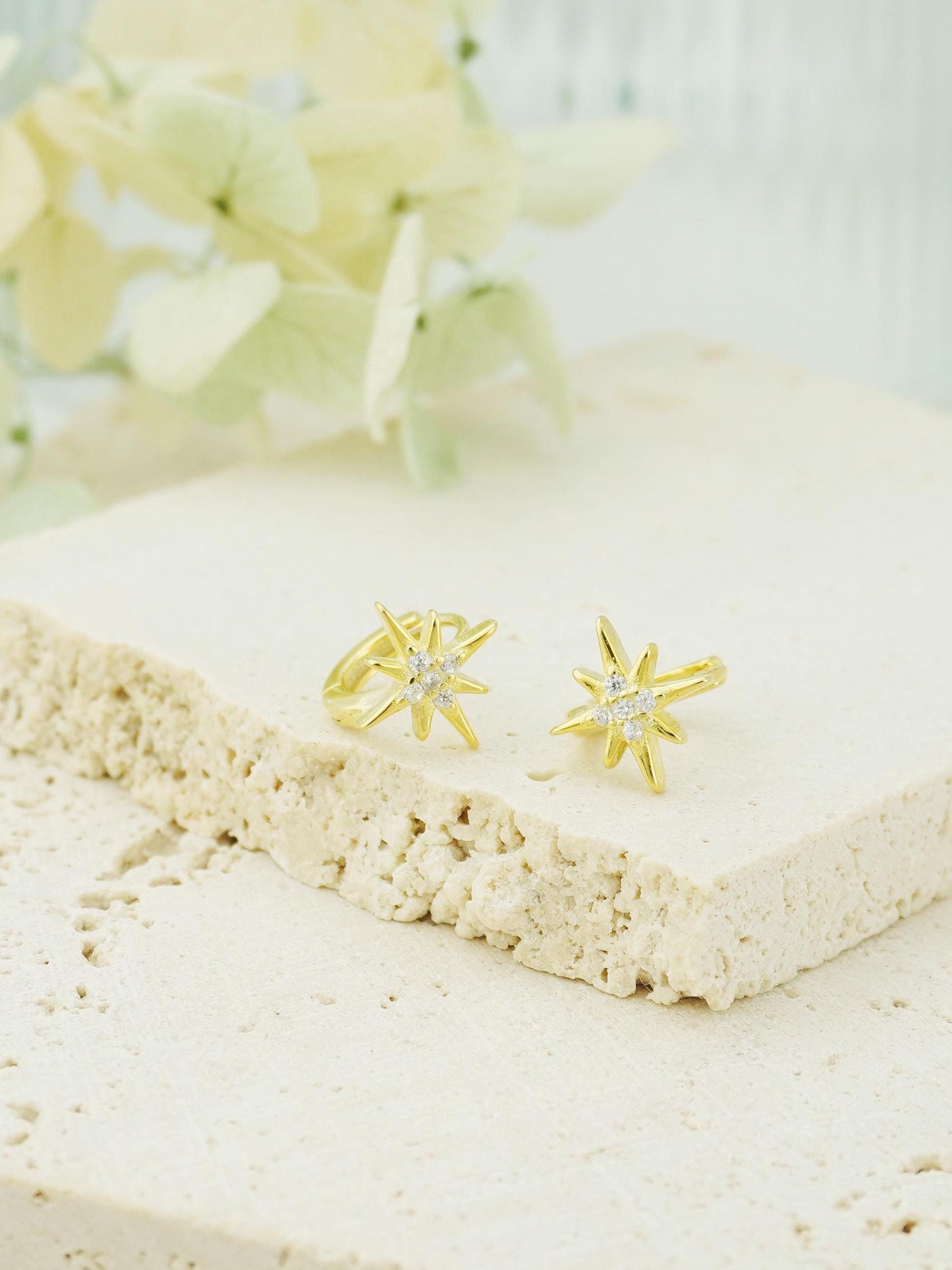 Pair of Tiny Starburst Huggie Hoop Earrings in Sterling Silver or Plated Gold, Sunburst CZ Crystal Cartilage Piercing