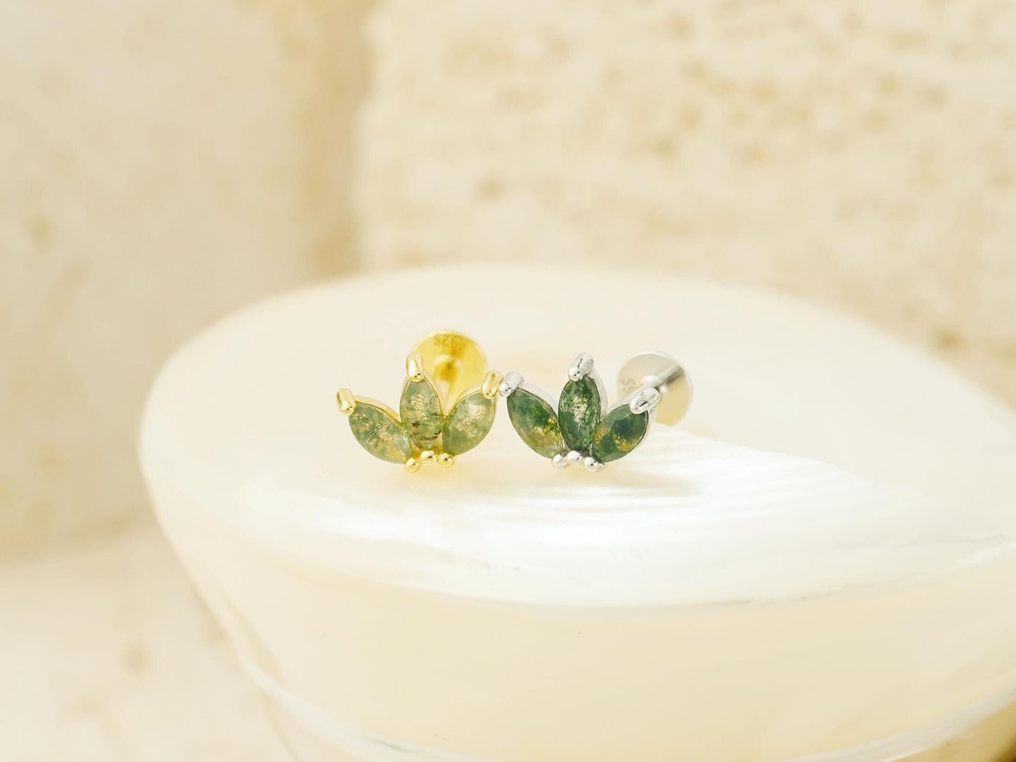 1 pc of Natural Green Moss Agate Triple Marquise Flat Back Stud Earring in Sterling Silver or Plated Gold
