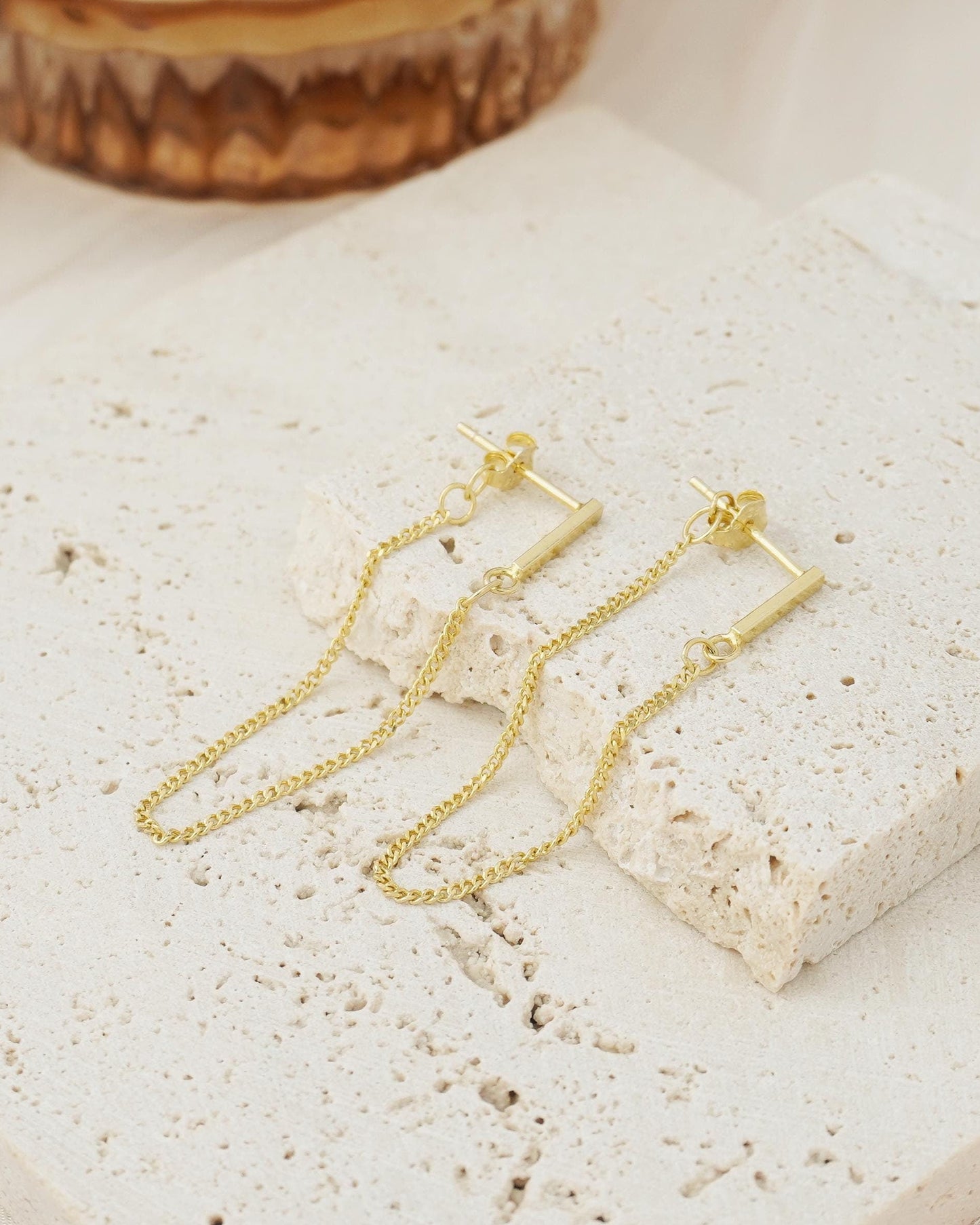 Skinny Bar Stud Earring with Long Dangling Front & Back Chain, 18ct Gold Plated over Sterling Silver, Minimal Geometric Ear Jacket