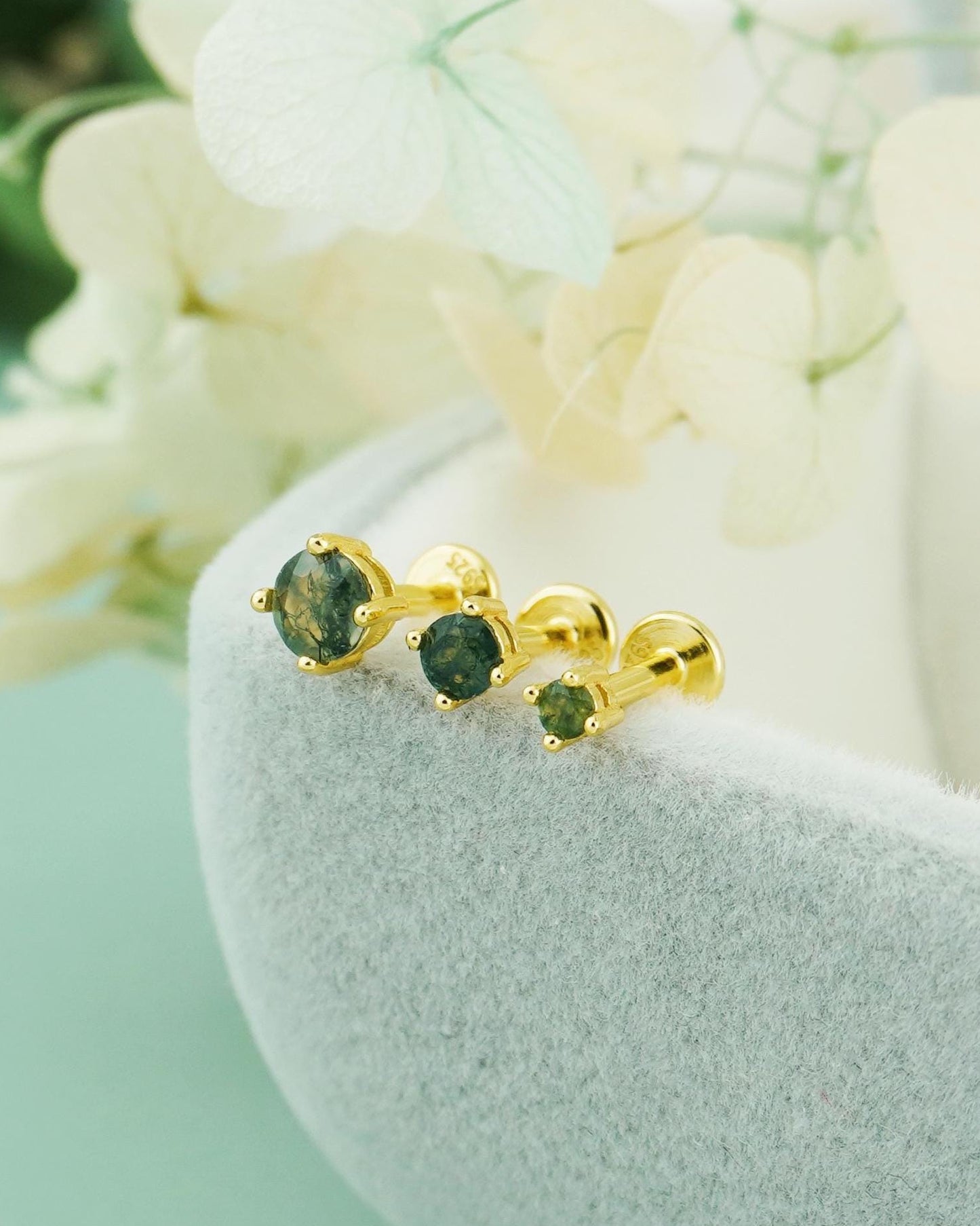 1 pc of Natural Green Moss Agate 4 Prong Solitaire Stud Earring in Gold Plated over Sterling Silver, Cartilage Helix Lobe Piercing