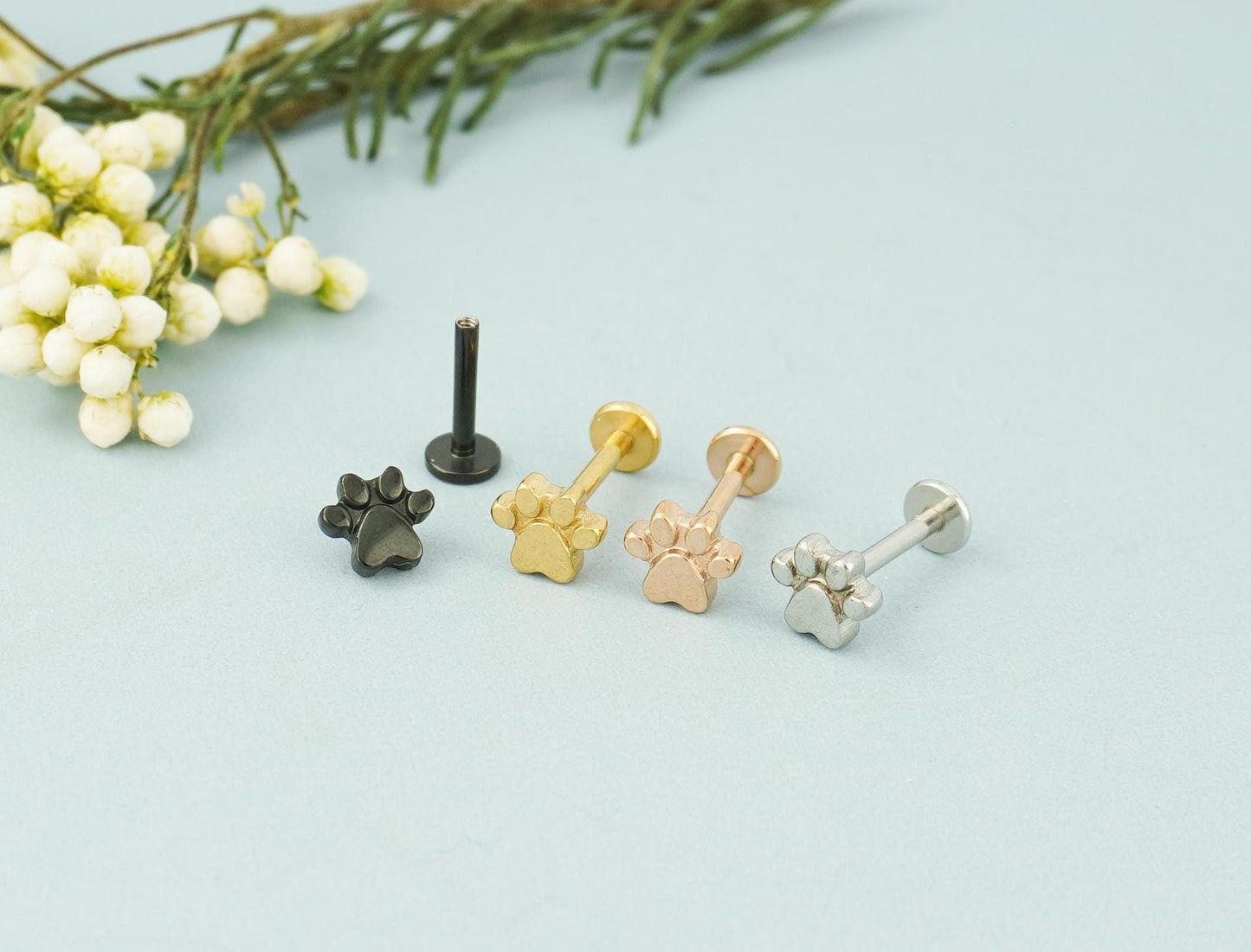 1 pc of Paw Print Stainless Steel Flat Screw Back Stud Earring in Steel, Gold, Black or Rose Gold, 16Gauge 6mm/8mm Post